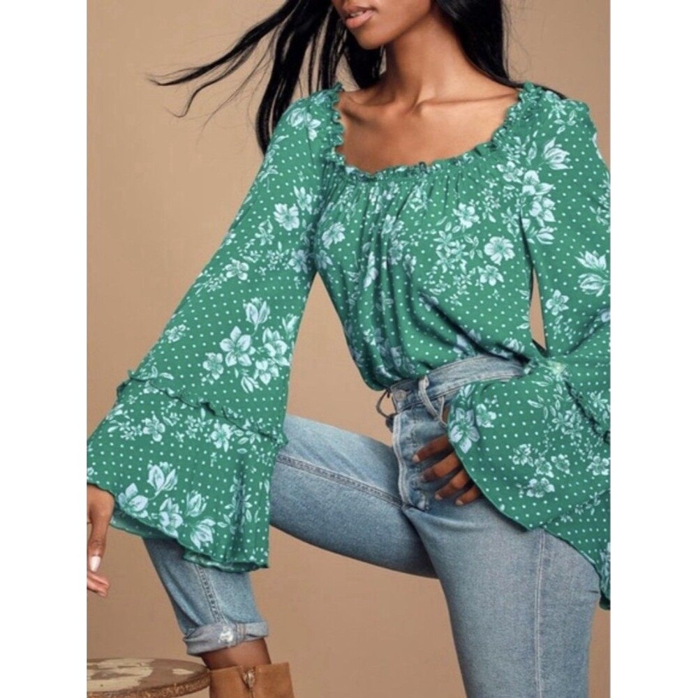 Free People One On One Date Bodysuit Top Bell Sleeves Esmerald Green Sz S Boho
